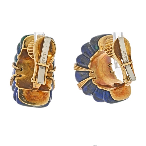 David Webb Yellow Gold Azurite Malachite Diamond Rigid Earrings - Picture 3 of 4